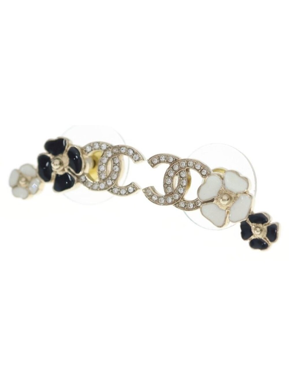 Chanel CC Logo Camellia Earrings Metal Gold Black White Rhinestone
